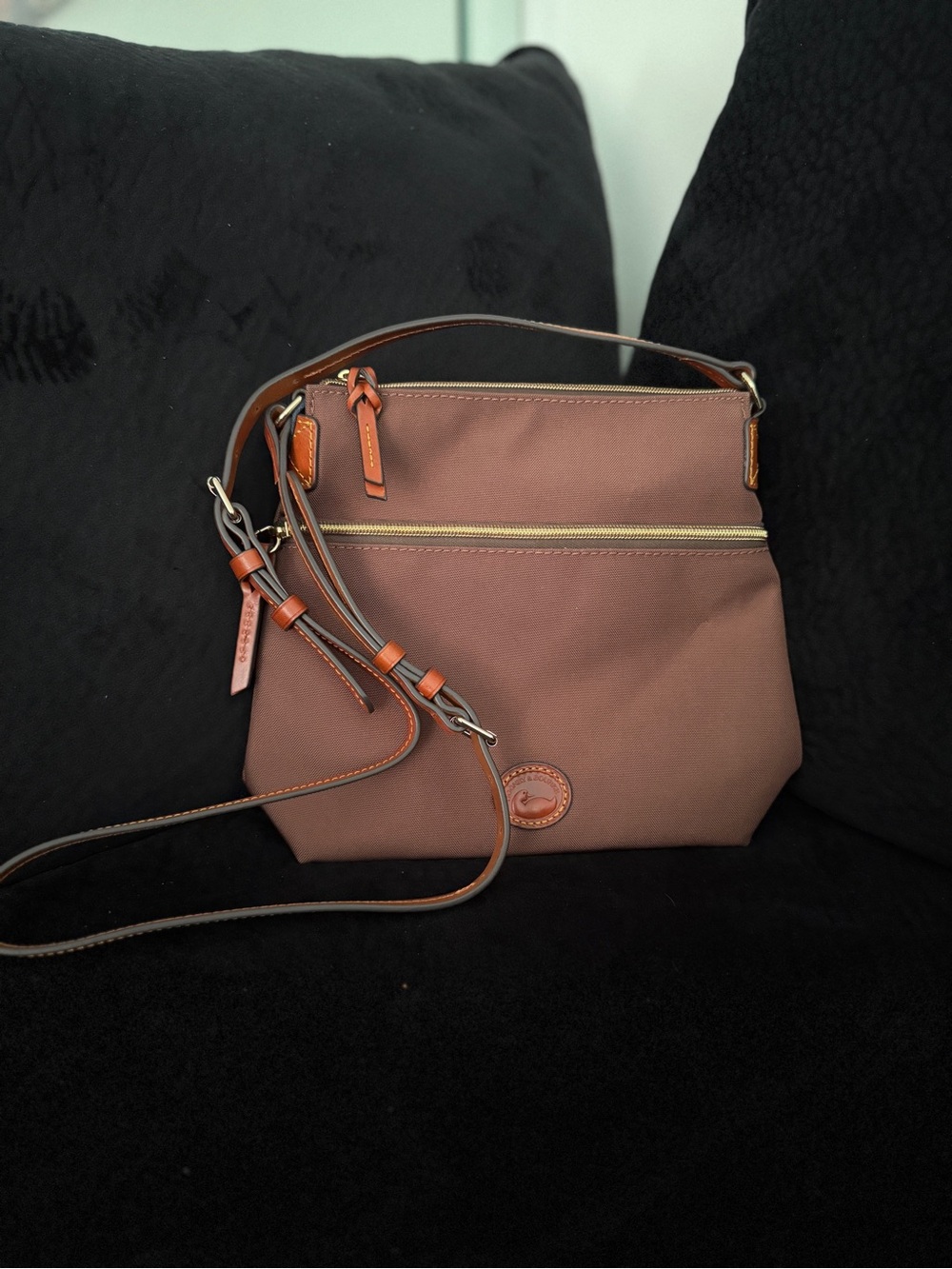 Dooney & Bourke Mauve-Brown Nylon Crossbody with Leather Trim